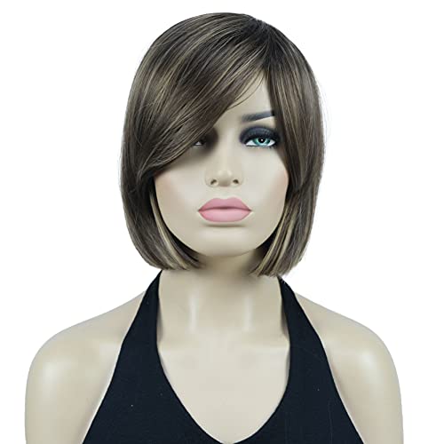 Lydell 8" Straight Short Wigs Bob Hair with Bangs Cute Central Dot Top Heat Resistant Synthetic Wigs (L8-124 Brown Mix)