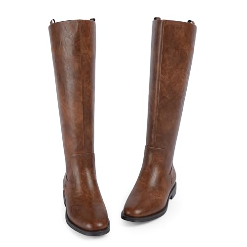 Image of Modatope Knee High Boots Women Rounded Toe Flat Retro Bais Opening Low Chunky Heel Riding Boots