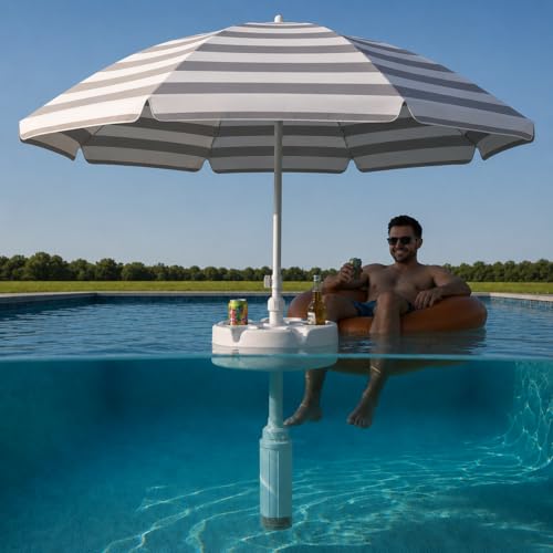 Image of Floating Pool Umbrella provides the perfect shade canopy for the lake, river, beach or the pool! 6 cup holders for your drinks and snacks! Create your own shade oasis with the 7ft diameter sun shade. (MOONSTRIPE)