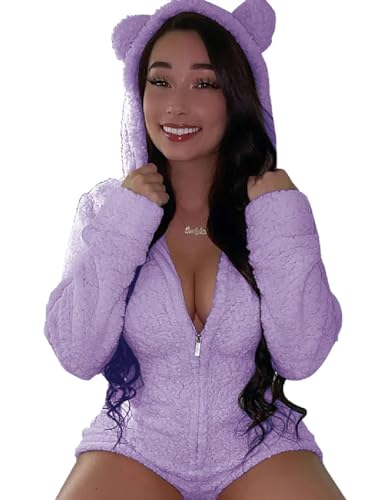 HRESSLBD Womens Cute Romper Fleece Onesie Pajama One Piece Zipper Short Hooded Jumpsuit Sleepwear Playsuit, Sexy Fluffy Shorts Outfits Jumpsuit (Light Purple, S)
