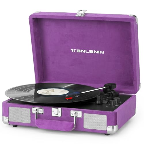 TANLANIN Purple Velvet Suitcase Vinyl Record Player with Built-in Speakers Bluetooth Input Bass & Treble Control 3-Speed Belt-Drive Turntable with Auto Stop AUX in RCA Out Headphone Jack