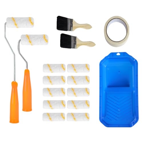 Malerset 16-teilig, Farbroller Set mit Farbwanne Kreppband, 2x Pinsel,10x 10cm Farbroller und 2x Steckbügel Groß/Klein, Mini Farbroller Pinsel für Familienzimmer Wand Architekturdekoration