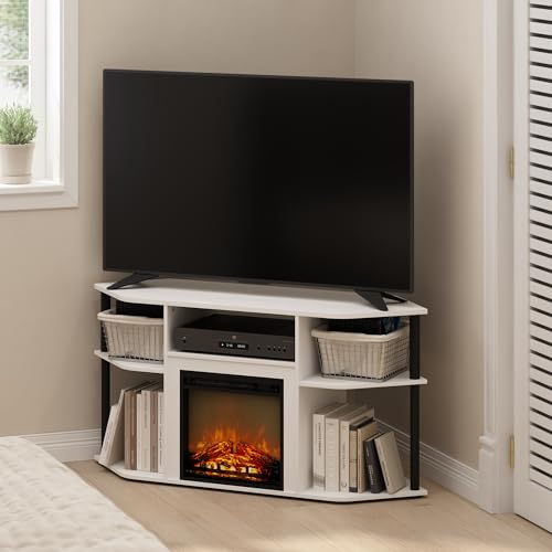 Image of Furinno Jensen Fireplace TV Stand, Corner Entertainment Center, TV Console for TV up to 55 Inch with Fireplace, Plastic Poles and Open Storage, for Living Room, Bedroom, Solid White