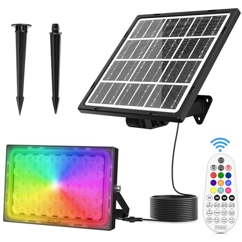 CLV Focos Led Exterior Solares RGB 30W, 30 Modos Dinámicos Luces Solares Led Exterior Jardin 10 Colores 6 Brillo Luz Solar Exterior 5000mAh Temporizador Lamparas Solares Exterior IP66 Impermeable