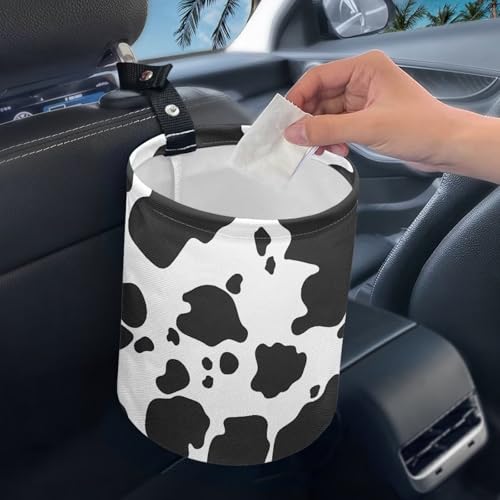 Image of Cow Print Car Garbage Can Waste Basket for Cars - Back Seat, Floor, or Hanging Headrest Cars Accessories Interior Road Trip Essentials