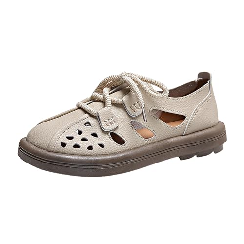 Image of Women's Leather Lace Up Cutout Loafers Soft Platform Lightweight Closed Toe Breathable Outdoor Walking Sandals Casual Wide Round Toe Anti-Slip Comfort Slip On Oxfords