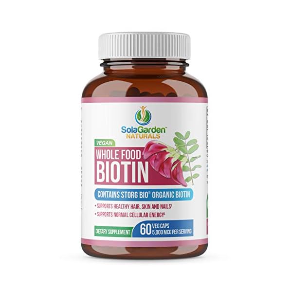 Whole Food Biotin Supplement - Contains Certified Organic Plant Based Biotin from Sesbania Agati Trees - by SolaGarden Naturals. May Support Hair, Skin and Nails. 60 Non GMO Veggie Capsules.