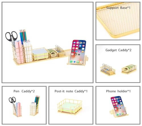 Image of Metal Desk Organizer Set with Mobile Stand, Pen Holder & Sticky Note Tray | Multipurpose Office Table Organizer for Study Desk, Home & Office (Gold)