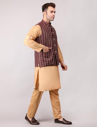 Image of Men's Cotton Silk Blend Regular Kurta Pyjama, Embroidered Nehru Jacket /Waistcoat Set