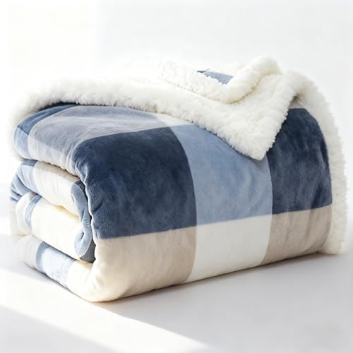 PU MEI Sherpa Fleece Throw Blanket 60" x 80" Reversible Plush Fluffy Large Big Blanket Lattice Flannel Blankets for Sofa Couch Bed (Grey-Soft Blue, 60"*80") - Image 3
