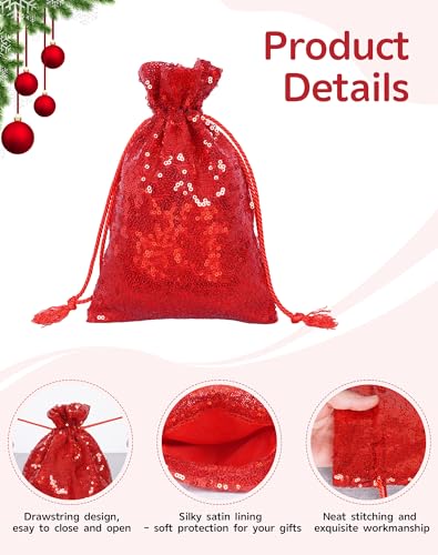 SquarePie 6Pcs Valentine's Day Red Sequin Drawstring Gift Bags Assorted Sizes 8x12/6x9/5x7 Glitter Goodie Bags for Birthday Christmas — view 4