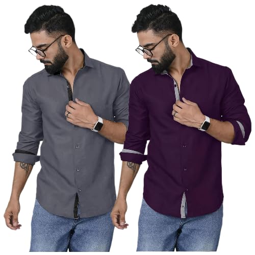 Image of Pinkmint Shirt for Men Cotton Soild Shirt & Spread Collar Long Sleeve Shirt Formal, Travelling