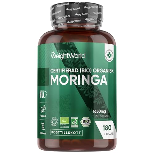Ekologiska Moringa-kapslar – 1650 mg Moringa Oleifera-pulver – 180 veganska kapslar för 2 månader – Certifierad ekologisk superfood – 3 kapslar dagligen – inga tillsatser eller genteknik – WeightWorld