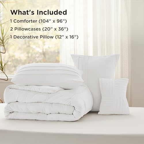 Image of Bedsure California King Comforter Set - 4 Pieces Pinch Pleat Bed Set, White Boho Bedding for All Season, 1 Soft Comforter, 2 Pillowcases, 1 Decorative Pillow
