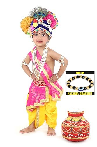 Image of Krishna Dress for Kids, Baby Krishna Dress for Janmashtami with Krishna Mukut, Peacock Feather & Flute Embroidered Krishna Costume for Girl & Boy, 3 Months-8 Years