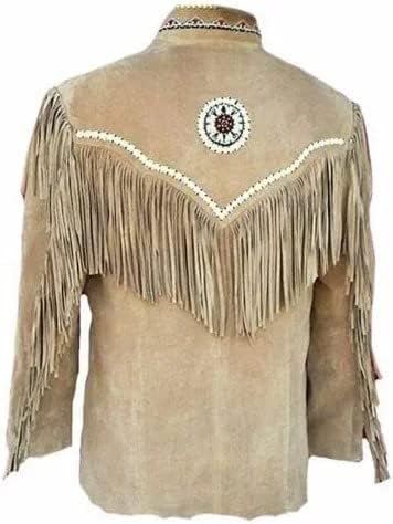 Mens Traditional Western Genuine Suede Leather Jacket | Native American Cowboy coat with Bones Beads & Fringes2