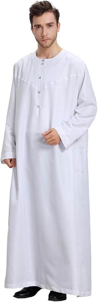 Qianliniuinc Men Arabic Long Sleeve Thobe for Ramadan - Muslim Kaftan Prayer Clothes Islamic Wear Middle Eastern Dress