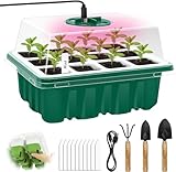 GrJyls Starter Tray with Grow Light, 12 Flexible Pop-Out Cells, Silicone Bottom, Reusable Seed Starter Trays with Moisture Dome, Garden Tools,Labels, for Greenhouse & Garden (Green)