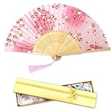 [boshiho] 扇子 レディース メンズ おしゃれ 和風 シルク扇子 竹製 花 桜 お祭り 花火大会 和小物 浴衣 着物 お土産 プレゼント 扇子袋 ギフト箱付き ピンク花