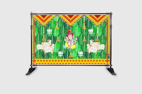 Image of Banana Leaf and Marigold and Lotus Flower with Cows and Ganesh ji Design Backdrop Cloth for Pooja Decoration Curtain Cloth for Festival Size 5 Feet Height and 8 Feet Width(5 * 8)