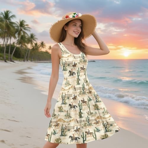 Image of Women Stylish Tank Dresses Sleeveless Round Neck Midi Casual Dress with Pocket for Summer