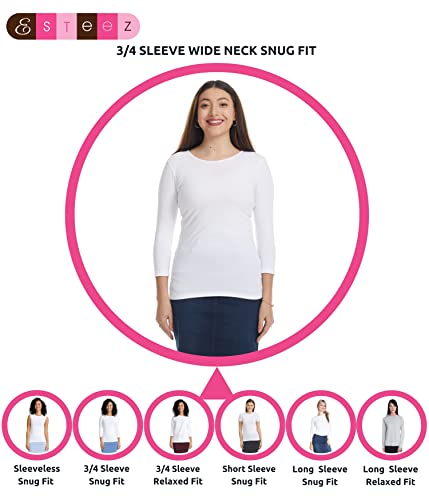 Image of ESTEEZ Women's 3 /4 Sleeve Wide Neck Layering T-Shirt - Modest Cotton Stretch Fitted Base Layer Top