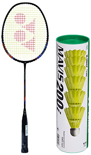 Image of YONEX Nano ray 18I Badminton Racquet (Black, Graphite, G4-77g, 30 lbs. Tension) & Mavis 200i Nylon Shuttle Cock, Pack of 6 (Yellow) Combo
