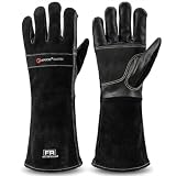 AOUCHI Grillhandschuhe und Schweißhandschuhe aus Rindsleder, langärmelig, feuerfeste und hitzebeständige Kaminhandschuhe für Grill, Schweißen Tig Mig, Kamin, Ofen, Backen, Herd (Black, Medium)
