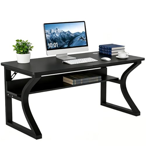 Image of 47 inch Computer Desk, Home Office Desk with Storage Shelf, Sturdy U-Shaped Metal Frame Study Table with Cable Management, Gaming Desk for Office & Bedroom (Black, 47inch)
