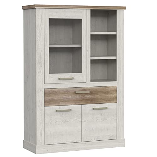 Newroom Vitrine Pinie Weiß Vitrinenschrank Modern - 108,4x106,3x41,3 cm (BxHxT) - Glasvitrine Standvitrine Glasschrank - [Coby.Ten] Wohnzimmer Wohnstube