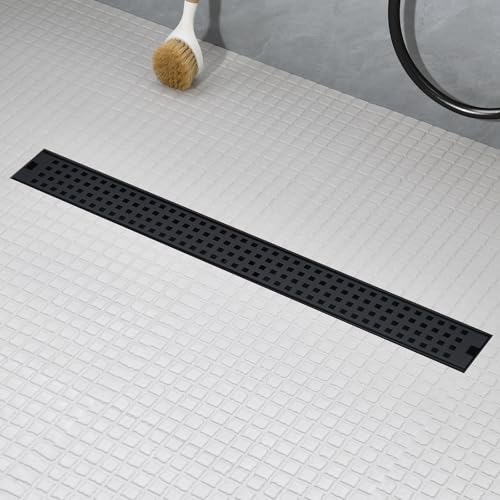 24 Inch Linear Shower Drain - Matte Black 304 Stainless Steel Rectangular Floor Drain with Adjustable Leveling Feet Hair Strainer and Removable Grate