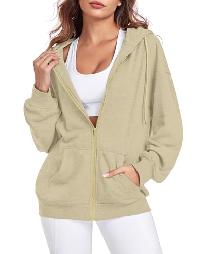 Vidifid Sudaderas con capucha y cremallera para mujer, de manga larga, de gran tamaño, chaquetas de moda de otoño Y2K con bolsillos, Café, S