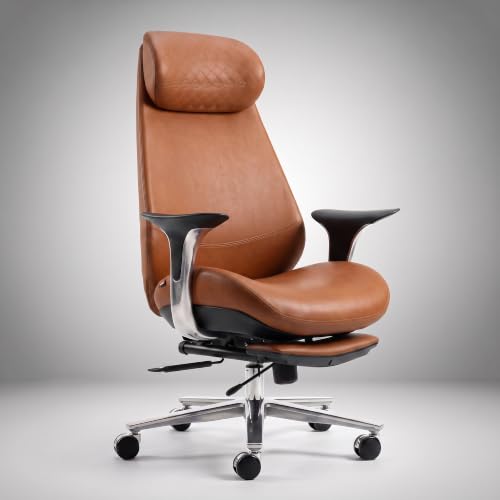 Image of DROGO Amara Ergonomic Office Chair for Work & Home- Luxury Semi-Silicone Leather, 5cm Seat Depth Adjustment, Curved Headrest, PU Aluminium Armrest, 135 Recline with 3 Lock Positions, Footrest (Tan)