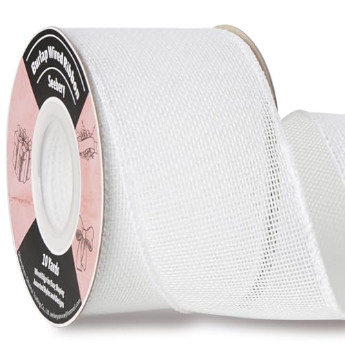 Burlap Wired Ribbon 2-1/2 Inch x 10 Yards Solid Wired Edge Ribbon for Big Bows, Wreaths, Outdoor Decoration, Gift Wrapping, Fall Crafts, Flower Bouquets, Garland (White)