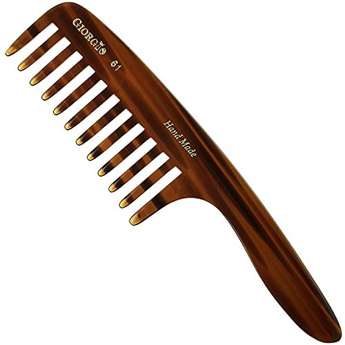 Giorgio G61 Large Coarse Hair Detangling Comb, Wide Teeth for Long Thick Curly Wavy Hair. Hair Detangler Comb For Wet and Dry. Handmade Rake Comb Saw-Cut from Cellulose Hand Polished Tortoise Shell