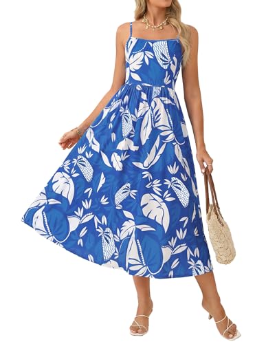 GRACE KARIN Damen Blumenkleid für Sommer, Maxikleid aus Modal mit verstellbaren Trägern & Seitentaschen, Ärmelloses Freizeitkleid Blau Weiße Blätter S