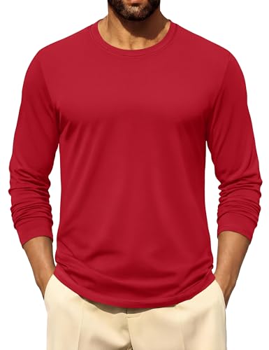Cotrasen Mens Long Sleeve Tee Shirts Cotton Crew Neck Moisture Wicking Soft Casual Basic T-Shirts Tomato Red L