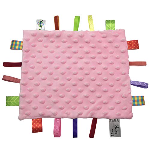 Image of Baby Girls Pink Security Blanket with Colorful Tags - Lovey Soft Comforter Appease Towel Sleep Soothing Sensory Blankie for Toddlers