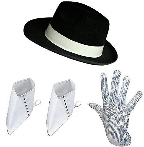 Michael Jackson Chapeau Noir à Paillettes Gants et blanc Spats Fancy Dress Kit