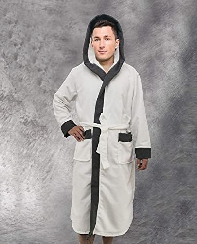 AIMS Mens Hooded Style Dressing Gown Bathrobe, Housecoat Loungewear Super Soft Luxury Microfiber Terry Cotton, Warm, Cosy Fleece Nightwear Robe, Spa Hotel Sleepwear (S/M, White)