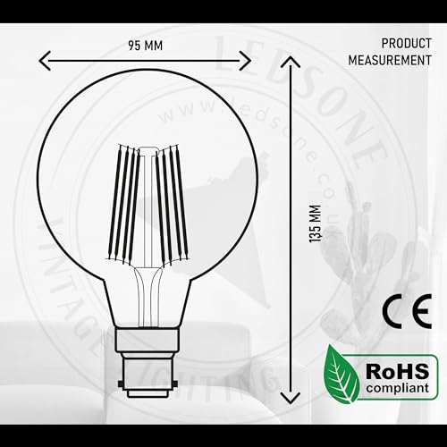 DC VOLTAGE Vintage Bayonet LED Bulb, G95 8W Edison Globe B22 Dimmable LED Filament Warm White 2700K Amber Glass Retro Style Old Fashioned Lighting Decorative Energy Saving Bulb - Pack of 1 - Image 3