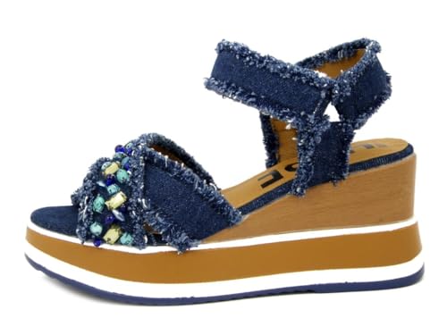 MENBUR 25382 - Sandalias de mujer de tela vaquera, cuña de 8 cm de altura y plataforma, 25382, turquesa, 37 EU