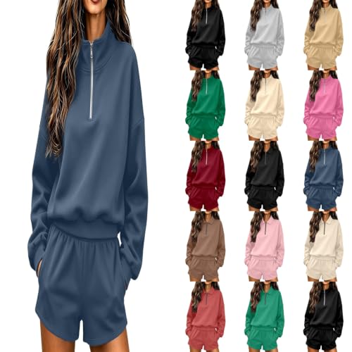 Sweatsuits Women 2 Piece Outfit Shorts Quarter Zip Sweatshirt Shorts Sets - image 1