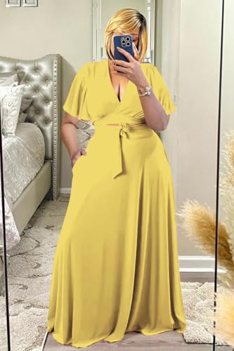 Image of Plus Size Women's 2 Piece Outfits Casual Short Ruffle Sleeve Wrap Crop Top Maxi Long Dress Flowy Matching Sets
