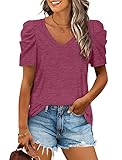XIEERDUO Womens Summer Shirt V Neck Casual Tshirts Puff Sleeve Tops for Women Solid Color XS-3XL, 05-maroon, X-Large