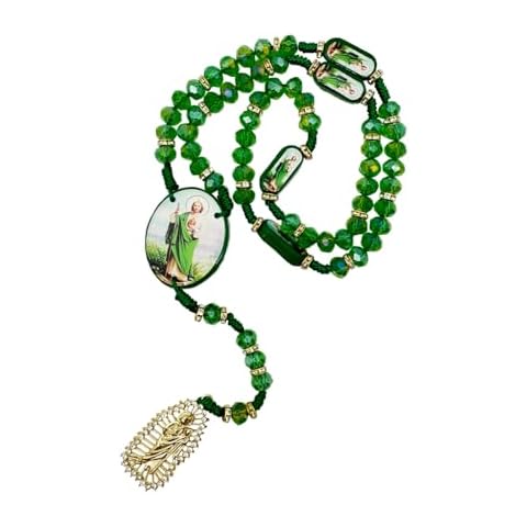 Exquisite Rosary Saint Jude Cross Pendant Mexican Necklace - Braided Cord Green Crystal beads Chain, Charm Accessories for Men and Women, Catholic St Jude Elegant Religious Jewelry Gift Idea (Green Wooden) Cover