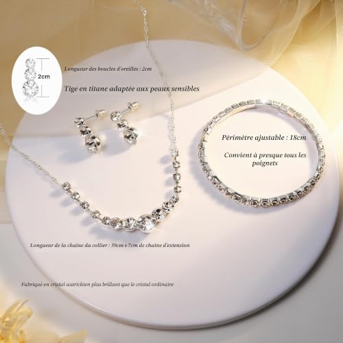 AOWVUTS Parure Mariage Mariée pour Femme Strass Collier Cristal Boucles d'oreilles Pendantes Bracelet en Argent Ensemble de Bijoux de Mariage Étincelants Mariée Soirée pour Femmes et Filles – vue 5