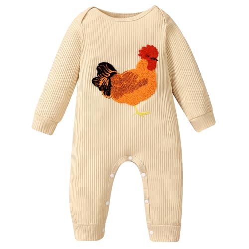 Image of Tsnbre Newborn Boy Girl Outfits Rib Knit Romper Long Sleeve Farm Chicken Bodysuit 0 3 6 9 12 Months Netural Baby Clothes