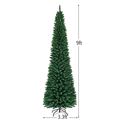 Dreamade 9Ft Artificial Pencil Christmas Tree, Unlit Slim Xmas Pine Tree W/ 1500 Pvc Branch Tips, Metal Foldable Base, Ideal For Holiday Home Office Party Decor, Green #TOP6