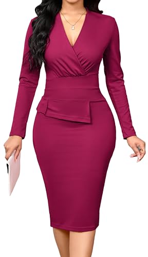 Image of Oxgmoky Women's Elegant Dresses Work Business Dress Bodycon Long Sleeve Pencil Dress